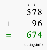 Calculate 578 + 96 using long addition