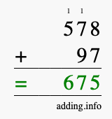 Calculate 578 + 97 using long addition
