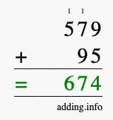 Calculate 579 + 95 using long addition