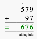 Calculate 579 + 97 using long addition