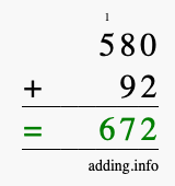 Calculate 580 + 92 using long addition