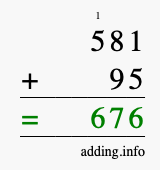 Calculate 581 + 95 using long addition