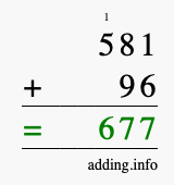 Calculate 581 + 96 using long addition