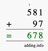 Calculate 581 + 97 using long addition