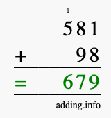 Calculate 581 + 98 using long addition