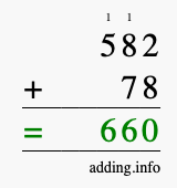 Calculate 582 + 78 using long addition