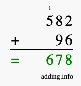 Calculate 582 + 96 using long addition