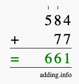 Calculate 584 + 77 using long addition