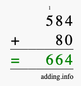 Calculate 584 + 80 using long addition