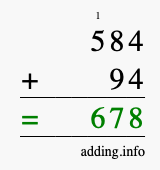 Calculate 584 + 94 using long addition