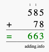 Calculate 585 + 78 using long addition