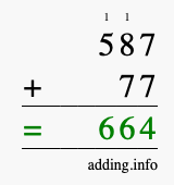 Calculate 587 + 77 using long addition