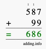 Calculate 587 + 99 using long addition
