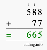 Calculate 588 + 77 using long addition