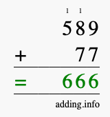 Calculate 589 + 77 using long addition