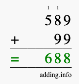 Calculate 589 + 99 using long addition