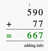 Calculate 590 + 77 using long addition