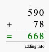 Calculate 590 + 78 using long addition