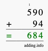 Calculate 590 + 94 using long addition
