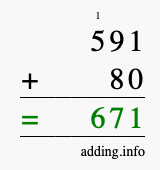 Calculate 591 + 80 using long addition