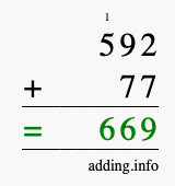 Calculate 592 + 77 using long addition