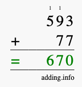 Calculate 593 + 77 using long addition