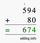 Calculate 594 + 80 using long addition