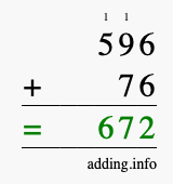 Calculate 596 + 76 using long addition