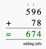 Calculate 596 + 78 using long addition