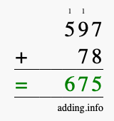 Calculate 597 + 78 using long addition