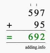 Calculate 597 + 95 using long addition