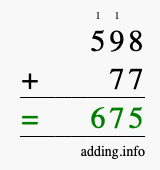Calculate 598 + 77 using long addition