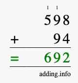 Calculate 598 + 94 using long addition