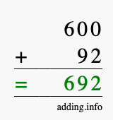 Calculate 600 + 92 using long addition