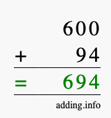 Calculate 600 + 94 using long addition