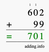 Calculate 602 + 99 using long addition
