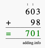 Calculate 603 + 98 using long addition