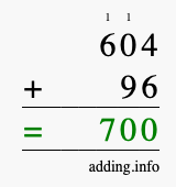 Calculate 604 + 96 using long addition