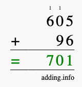 Calculate 605 + 96 using long addition