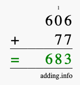 Calculate 606 + 77 using long addition