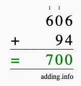 Calculate 606 + 94 using long addition