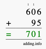 Calculate 606 + 95 using long addition