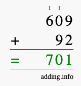 Calculate 609 + 92 using long addition
