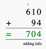 Calculate 610 + 94 using long addition
