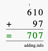 Calculate 610 + 97 using long addition
