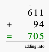 Calculate 611 + 94 using long addition