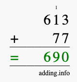 Calculate 613 + 77 using long addition