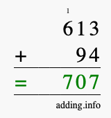 Calculate 613 + 94 using long addition