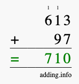 Calculate 613 + 97 using long addition
