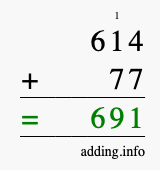 Calculate 614 + 77 using long addition